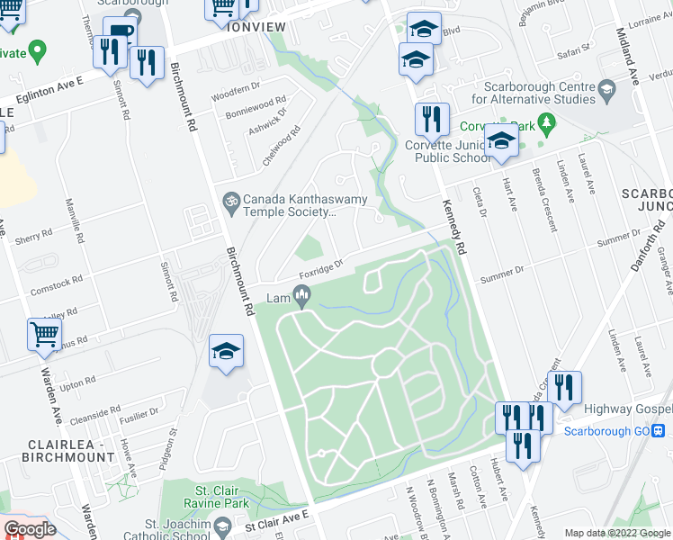 map of restaurants, bars, coffee shops, grocery stores, and more near 59 Foxridge Drive in Toronto