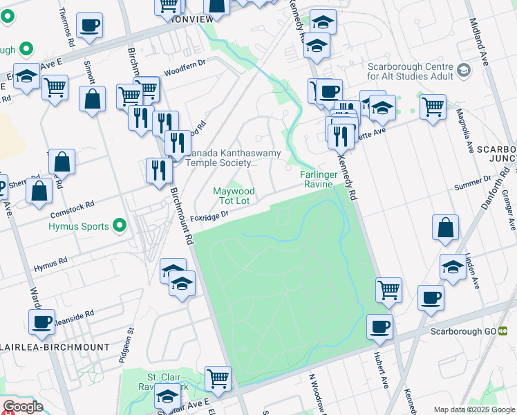 map of restaurants, bars, coffee shops, grocery stores, and more near 61 Foxridge Drive in Toronto