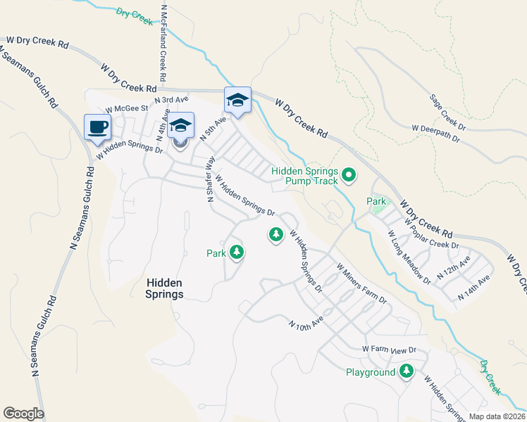 map of restaurants, bars, coffee shops, grocery stores, and more near West Hidden Springs Drive in Garden City