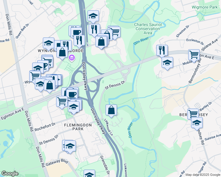 map of restaurants, bars, coffee shops, grocery stores, and more near 155 Saint Dennis Drive in Toronto