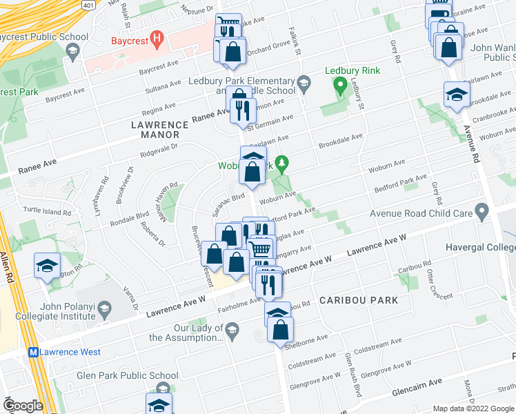 map of restaurants, bars, coffee shops, grocery stores, and more near 3173 Bathurst Street in Toronto
