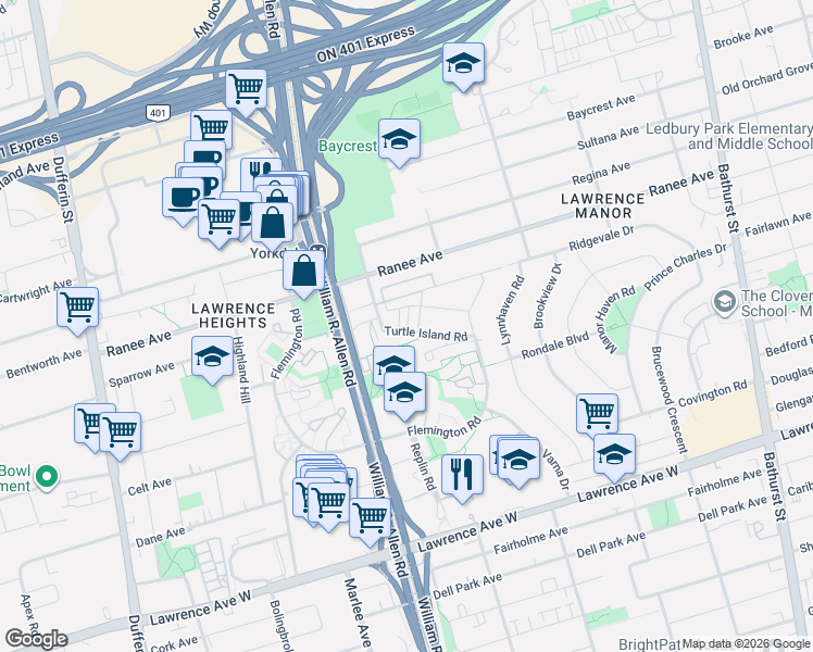 map of restaurants, bars, coffee shops, grocery stores, and more near in Toronto
