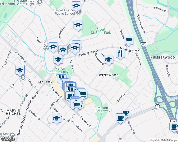 map of restaurants, bars, coffee shops, grocery stores, and more near 7256 Topping Road in Mississauga