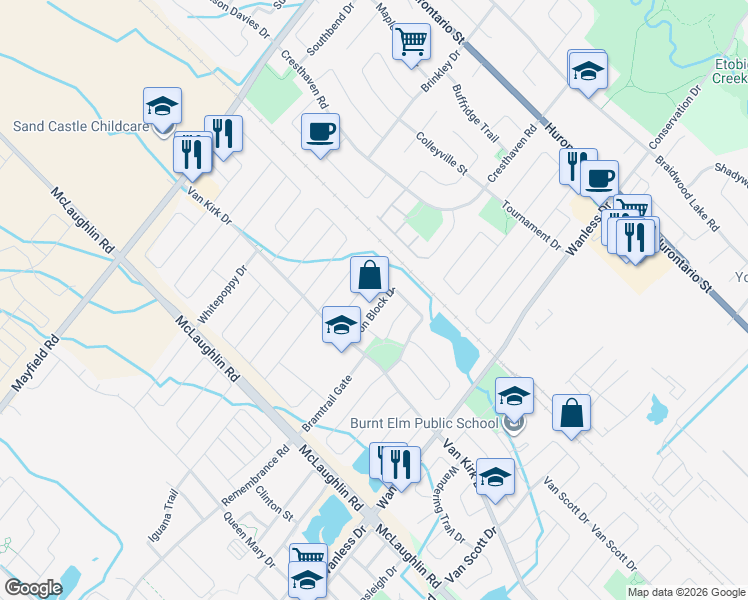 map of restaurants, bars, coffee shops, grocery stores, and more near 75 Iron Block Drive in Brampton