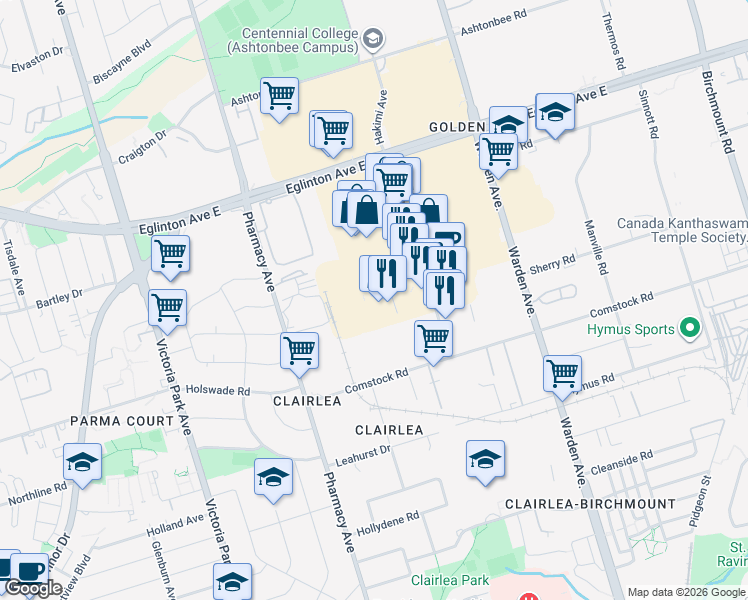 map of restaurants, bars, coffee shops, grocery stores, and more near 22 Lebovic Avenue in Toronto