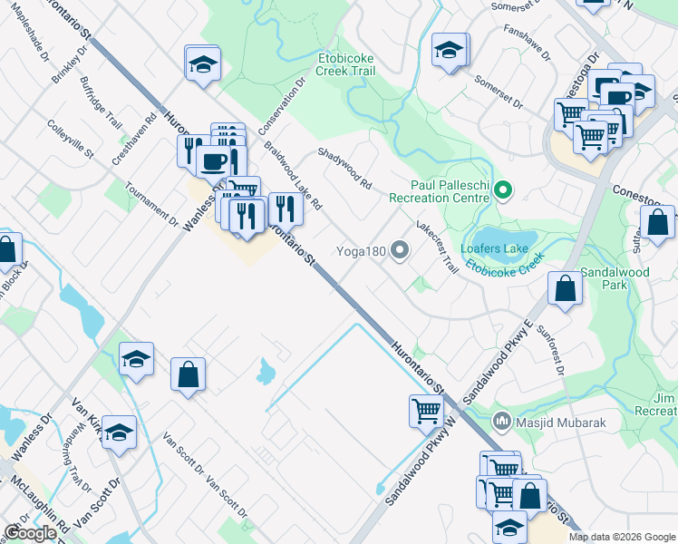 map of restaurants, bars, coffee shops, grocery stores, and more near 2 Petworth Road in Brampton