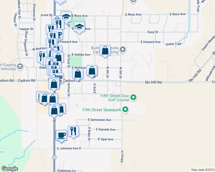 map of restaurants, bars, coffee shops, grocery stores, and more near 4th Street East in Driggs