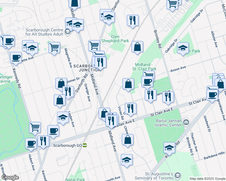 map of restaurants, bars, coffee shops, grocery stores, and more near 97 National Street in Toronto