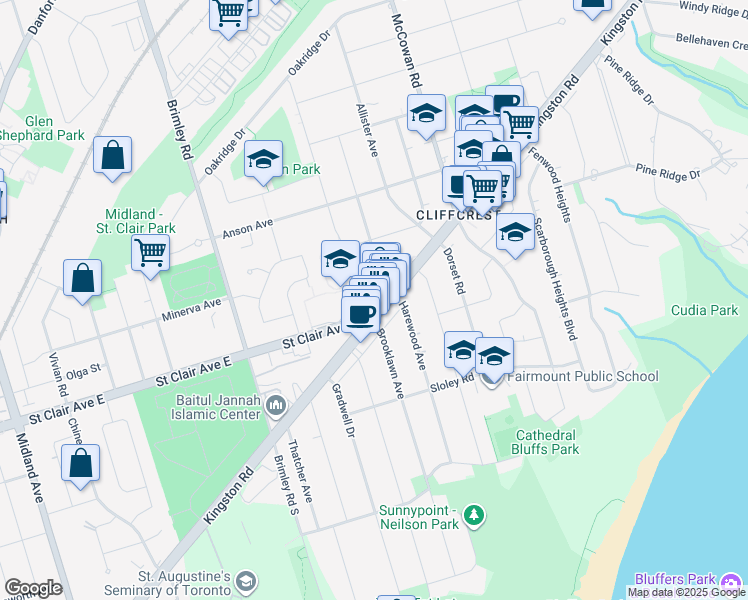 map of restaurants, bars, coffee shops, grocery stores, and more near 2872 Kingston Road in Toronto