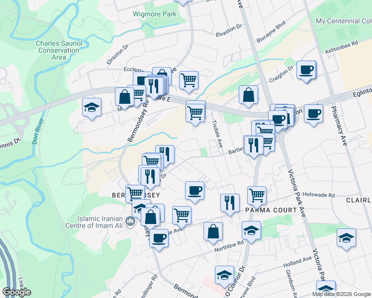 map of restaurants, bars, coffee shops, grocery stores, and more near in Toronto
