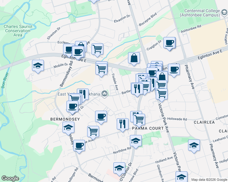 map of restaurants, bars, coffee shops, grocery stores, and more near 9 Spruce Pines Crescent in Toronto