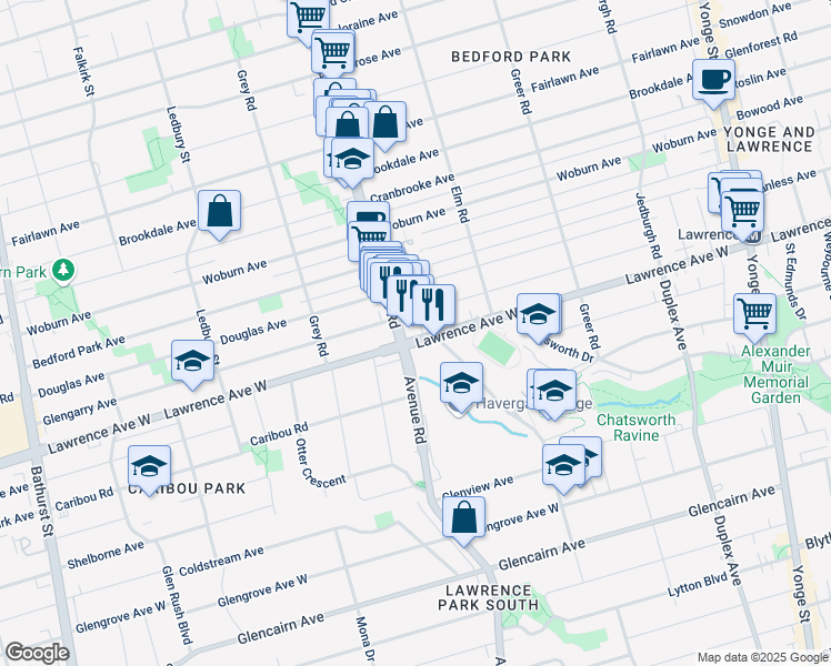 map of restaurants, bars, coffee shops, grocery stores, and more near 290 Lawrence Avenue West in Toronto