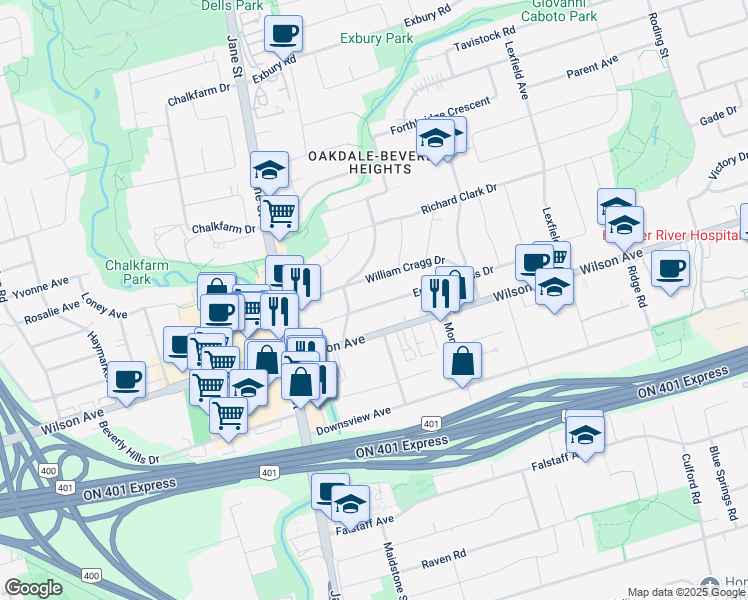 map of restaurants, bars, coffee shops, grocery stores, and more near 1466 Wilson Avenue in Toronto
