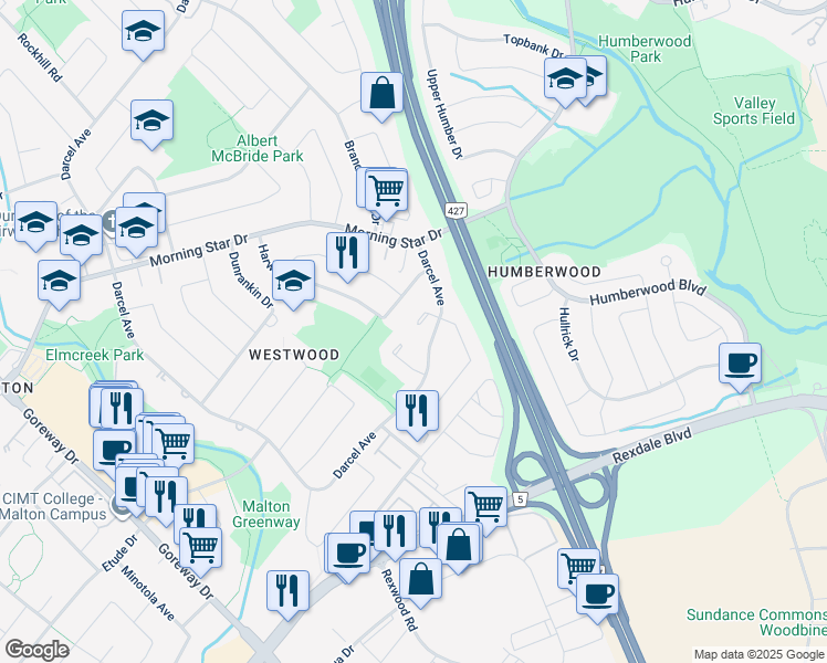 map of restaurants, bars, coffee shops, grocery stores, and more near in Mississauga