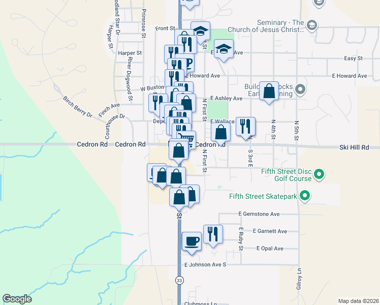 map of restaurants, bars, coffee shops, grocery stores, and more near 80 South 1st Street East in Driggs