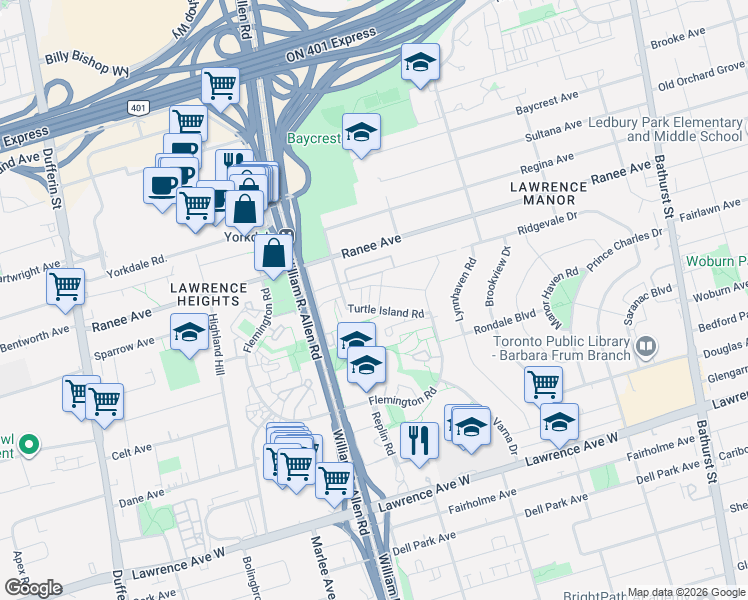 map of restaurants, bars, coffee shops, grocery stores, and more near 46 Hooyo Terrace in Toronto