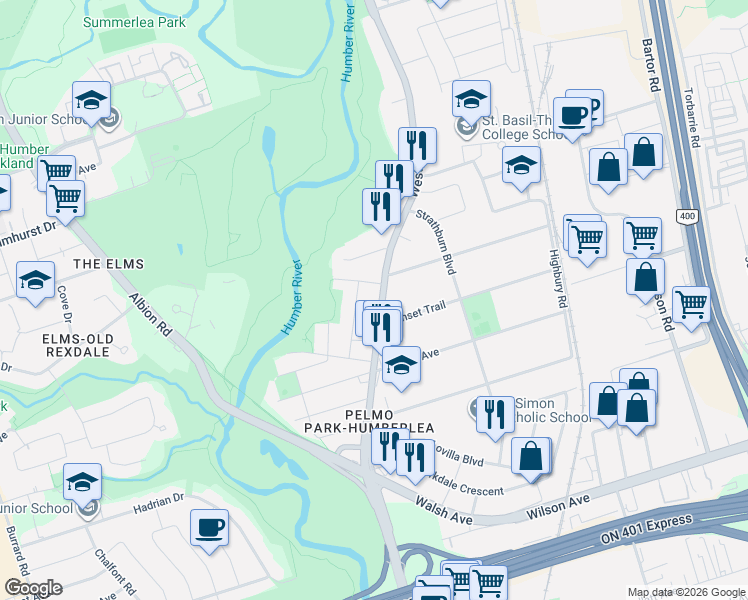 map of restaurants, bars, coffee shops, grocery stores, and more near 2870 Weston Road in Toronto