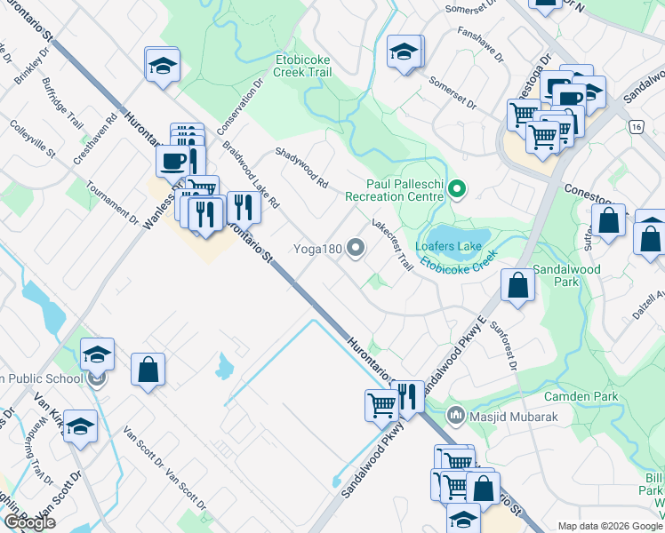 map of restaurants, bars, coffee shops, grocery stores, and more near 70 Braidwood Lake Road in Brampton