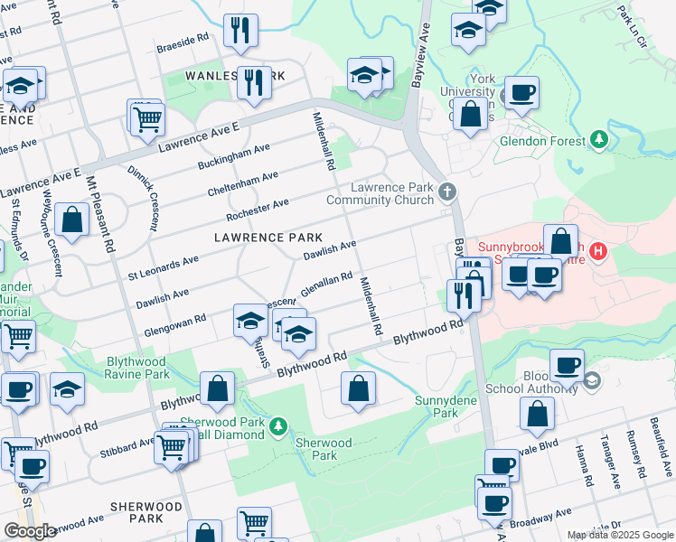 map of restaurants, bars, coffee shops, grocery stores, and more near 18 Glenallan Road in Toronto