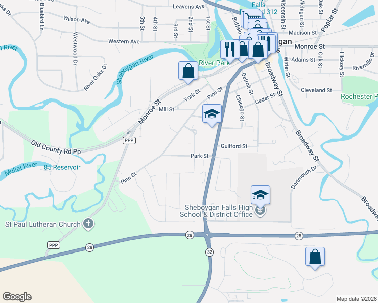 map of restaurants, bars, coffee shops, grocery stores, and more near 145 Park Street in Sheboygan Falls