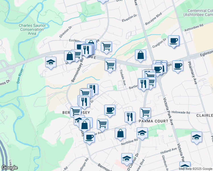 map of restaurants, bars, coffee shops, grocery stores, and more near 38 Rumi Crescent in Toronto