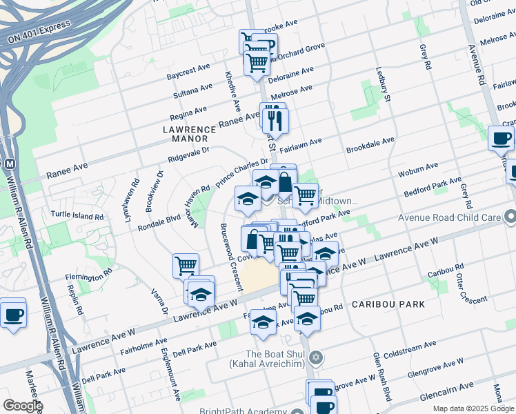 map of restaurants, bars, coffee shops, grocery stores, and more near 35 Saranac Boulevard in Toronto