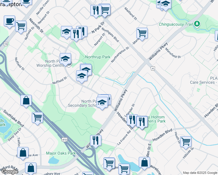 map of restaurants, bars, coffee shops, grocery stores, and more near 77 Newbridge Crescent in Brampton