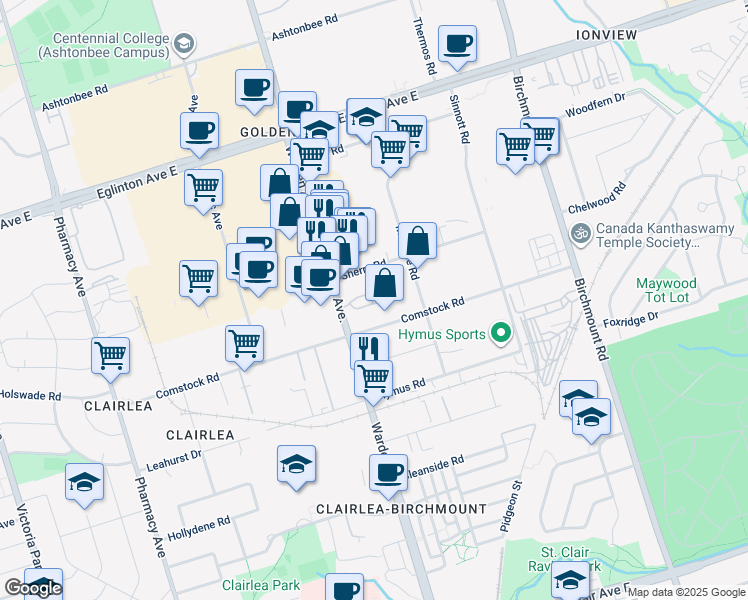 map of restaurants, bars, coffee shops, grocery stores, and more near in Toronto