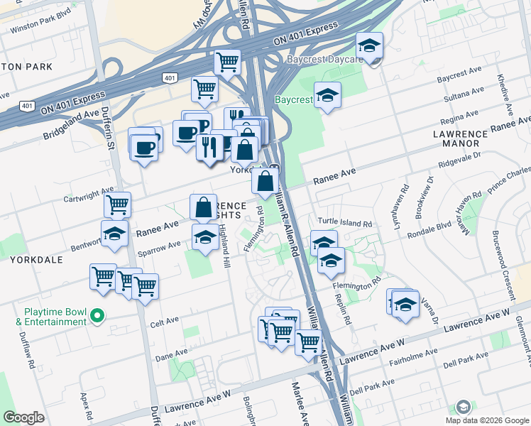 map of restaurants, bars, coffee shops, grocery stores, and more near 150 Flemington Road in Toronto