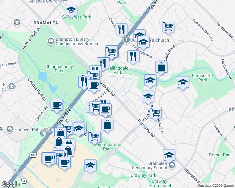 map of restaurants, bars, coffee shops, grocery stores, and more near 5 Gates of Bramalea in Brampton