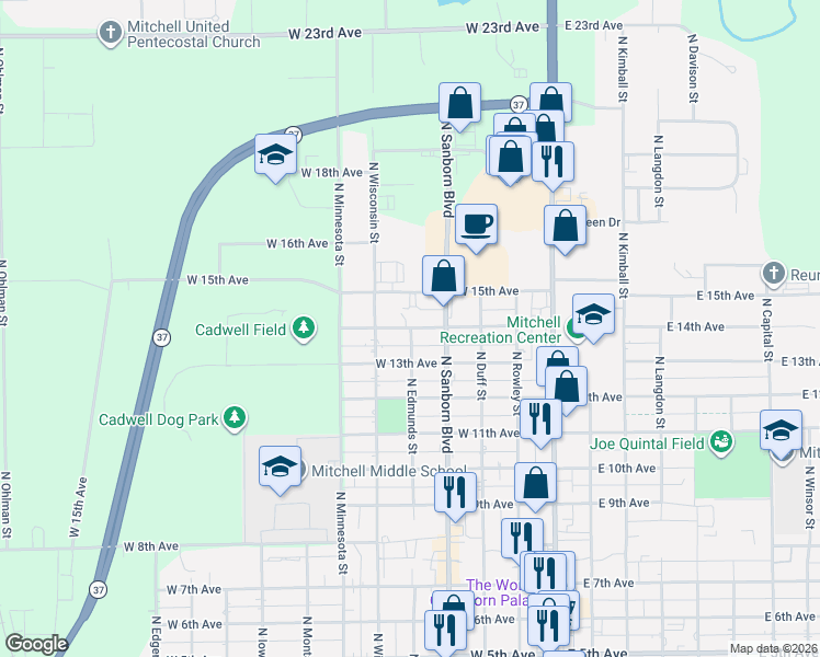 map of restaurants, bars, coffee shops, grocery stores, and more near 1398 North Edmunds Street in Mitchell