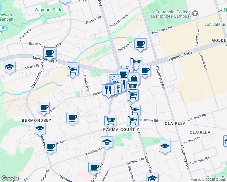 map of restaurants, bars, coffee shops, grocery stores, and more near in Toronto