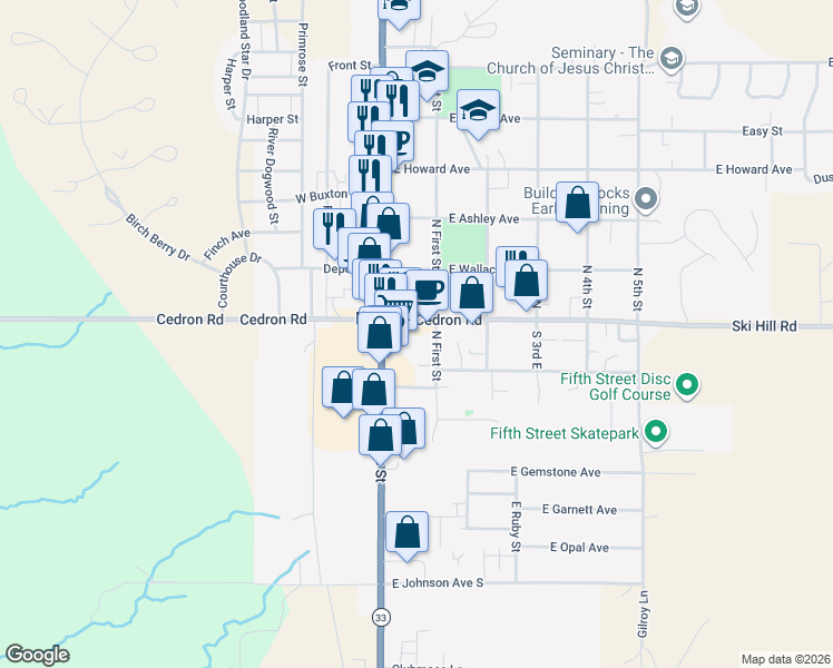map of restaurants, bars, coffee shops, grocery stores, and more near 54-80 S 1st St E in Driggs