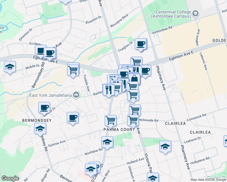 map of restaurants, bars, coffee shops, grocery stores, and more near 1880 O'Connor Drive in Toronto