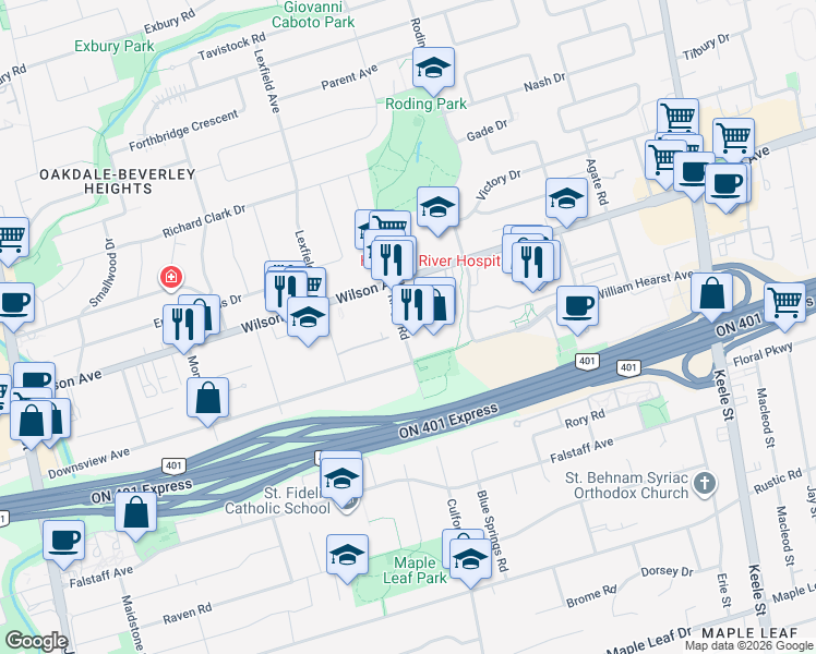 map of restaurants, bars, coffee shops, grocery stores, and more near in Toronto