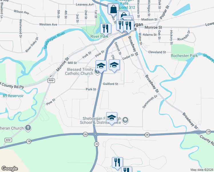 map of restaurants, bars, coffee shops, grocery stores, and more near 507 Meadow Lane in Sheboygan Falls