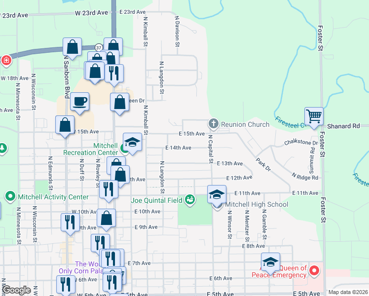 map of restaurants, bars, coffee shops, grocery stores, and more near East 14th Avenue in Mitchell