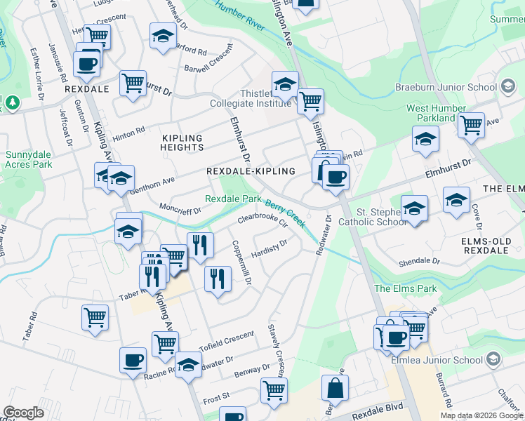 map of restaurants, bars, coffee shops, grocery stores, and more near 131 Clearbrooke Circle in Toronto