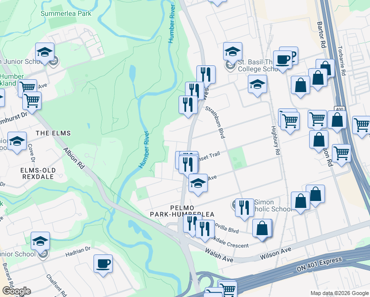 map of restaurants, bars, coffee shops, grocery stores, and more near 2874 Weston Road in Toronto