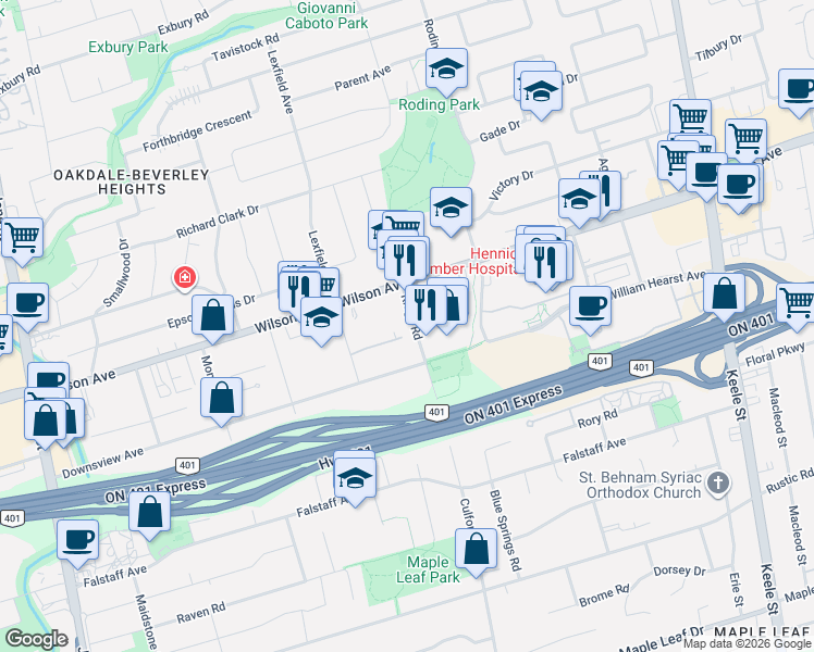 map of restaurants, bars, coffee shops, grocery stores, and more near in Toronto