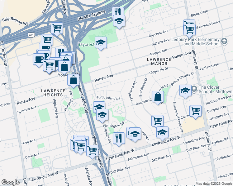 map of restaurants, bars, coffee shops, grocery stores, and more near 18 Deep Roots Terrace in Toronto