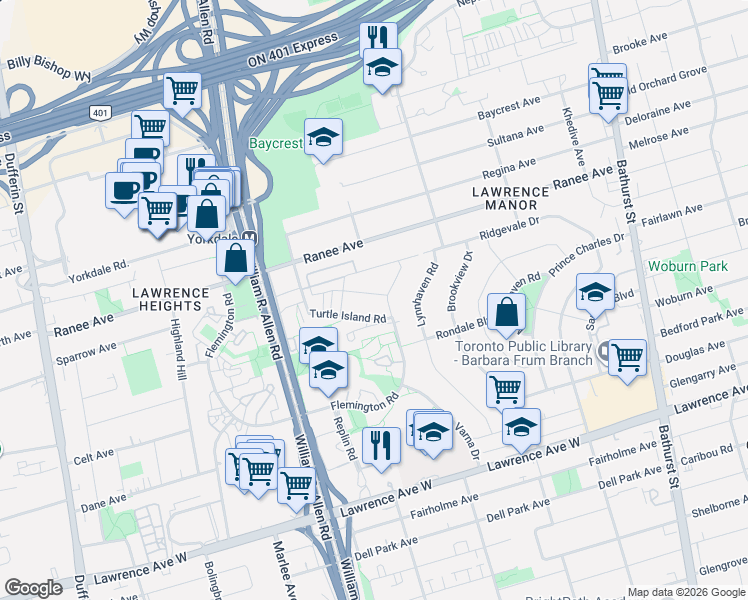 map of restaurants, bars, coffee shops, grocery stores, and more near in Toronto