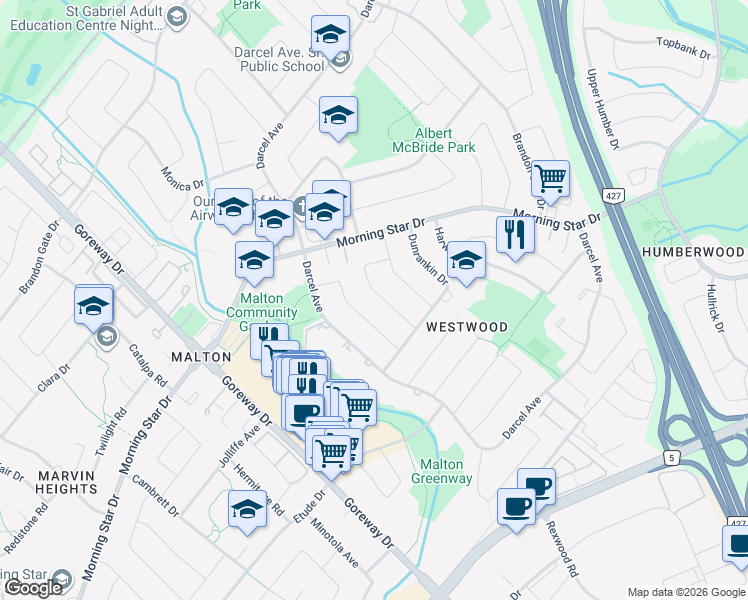 map of restaurants, bars, coffee shops, grocery stores, and more near in Mississauga