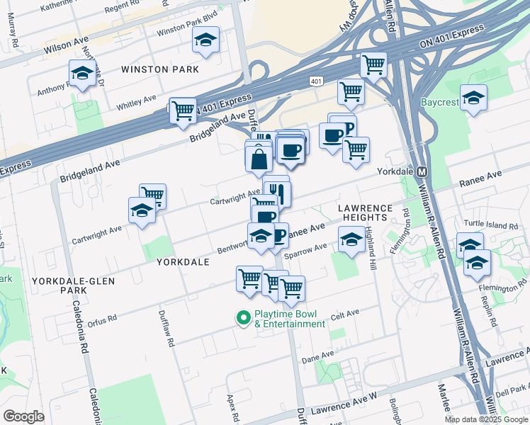map of restaurants, bars, coffee shops, grocery stores, and more near 16 McAdam Avenue in Toronto