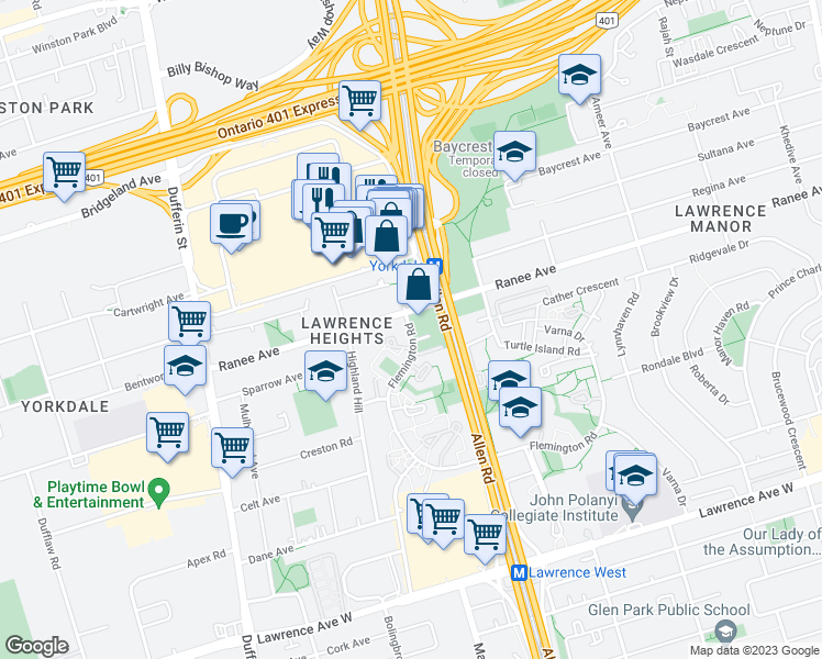 map of restaurants, bars, coffee shops, grocery stores, and more near 152 Flemington Road in Toronto