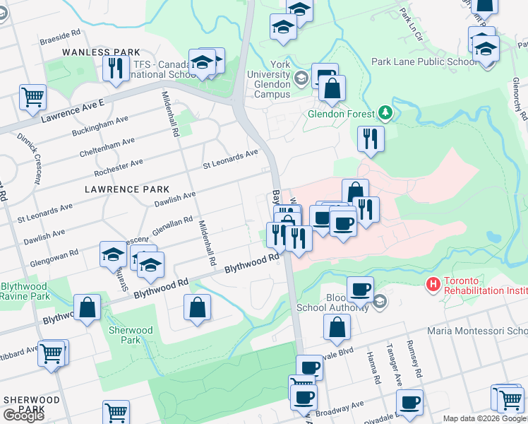 map of restaurants, bars, coffee shops, grocery stores, and more near 30 Hargrave Lane in Toronto