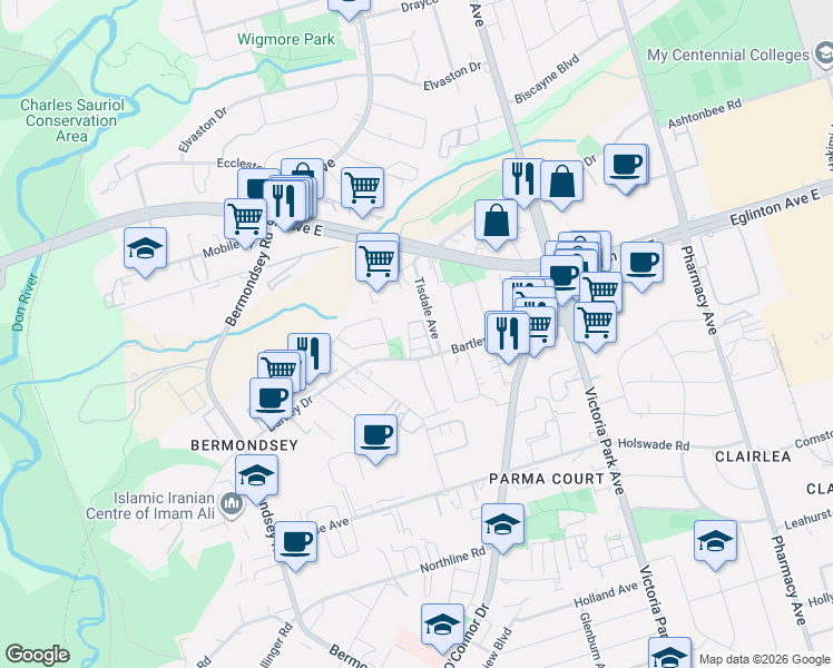 map of restaurants, bars, coffee shops, grocery stores, and more near in North York