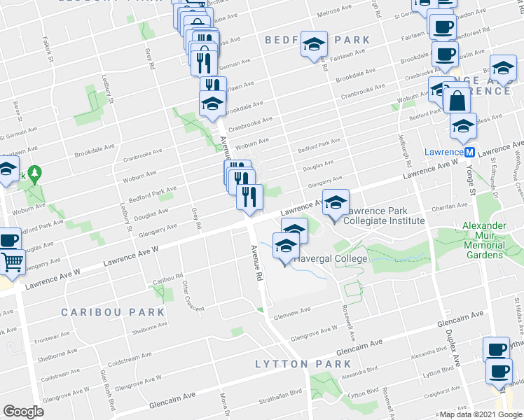map of restaurants, bars, coffee shops, grocery stores, and more near in Toronto