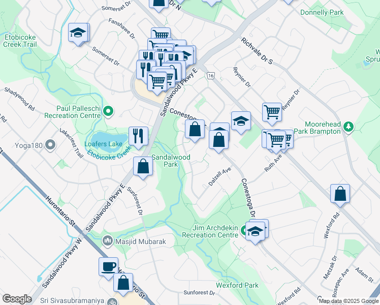 map of restaurants, bars, coffee shops, grocery stores, and more near 10 Amberwood Square in Brampton