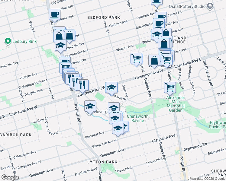 map of restaurants, bars, coffee shops, grocery stores, and more near in Toronto